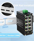 Industrial 8-Port Gigabit PoE+ Switch with 2 SFP Slots, 240W Budget, shown on DIN Rail Mount, IEEE 802.3af/at compliant, -40 to 80 C range.