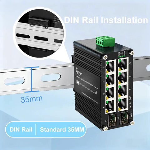 Industrial 8-Port Gigabit PoE+ Switch with 2 SFP Slots, 240W Budget, shown on DIN Rail Mount, IEEE 802.3af/at compliant, -40 to 80 C range.