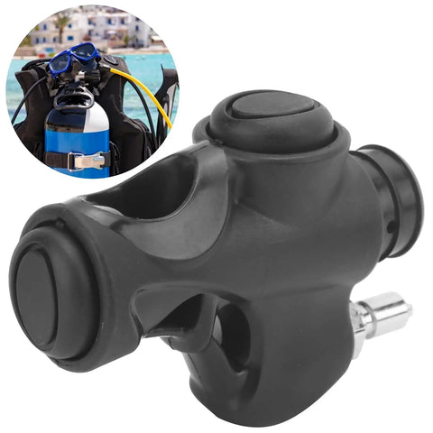 BCD Inflator Valve For Dive Gear Low Pressure Mini K Shape 3/4 Inch Hose Adapter close-up with diver gear background.