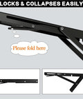 Heavy Duty Folding Shelf Brackets 12 Inch 2 Pack Wall Mounted Drop Down Table, black hinge detail and fold instruction.