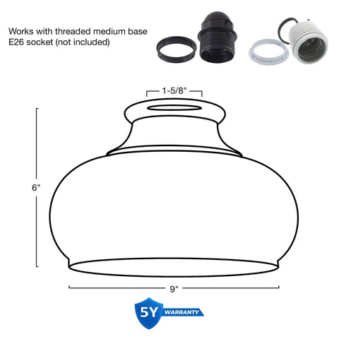 Clear Schoolhouse Glass Pendant Shade Replacement 9 Inch by 6 Inch for Pendant Lights Modern Chandelier Glass Upgrade Fits Threaded Medium Base Sockets Hang Up or Down for Easy Remodel.