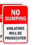 Heavy Duty No Dumping Warning Sign Pair 10 By 7 Inch Rust Free Aluminum Weather Resistant UV Coated with bold text against red background.