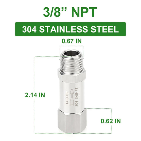 TAISHER 304 stainless steel 3/8 NPT male to 3/8 NPT female check valve, front view