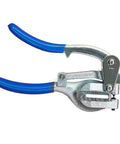 Beefy Heavy Duty Metal Punch Plier with Compound Action, Hardened Dies, visible punch sizes, blue handles, handles up to 16 gauge