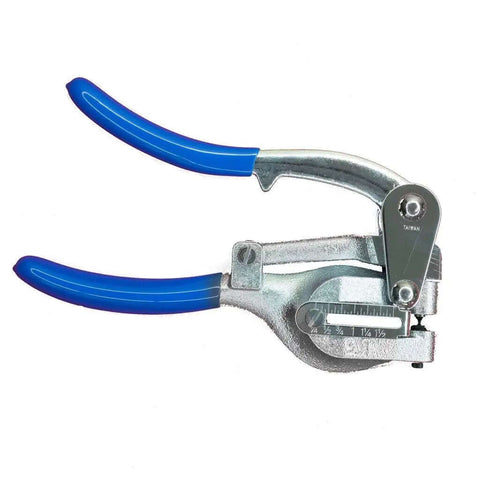 Beefy Heavy Duty Metal Punch Plier with Compound Action, Hardened Dies, visible punch sizes, blue handles, handles up to 16 gauge