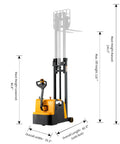 Tory Full Electric Pallet Stackers 1200 Lb Capacity With Tilt Forks, dimensions showing overall height and length for efficient storage.