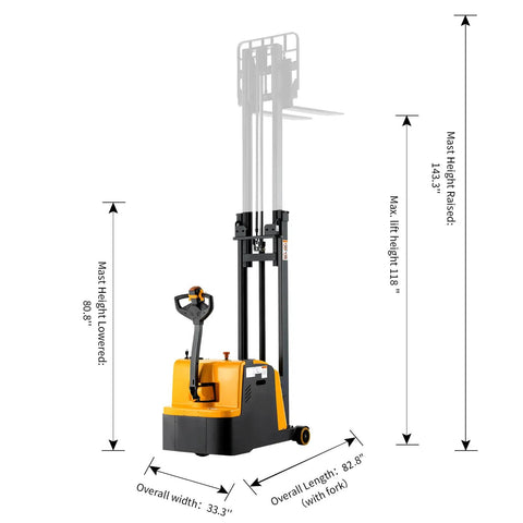 Tory Full Electric Pallet Stackers 1200 Lb Capacity With Tilt Forks, dimensions showing overall height and length for efficient storage.