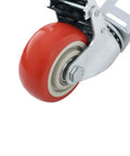Pack Of Four 3 Inch Heavy Duty Storage Rack Caster Wheels With Ball Bearing Swivels That Roll Like Butter And Secure Lock Brakes To Handle Five Hundred Pounds Without Any Sweat For Garage Shelving Units In Bold Red close-up of a red rubberized caster wheel with a steel frame and bearing swivel.