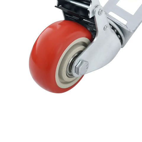 Pack Of Four 3 Inch Heavy Duty Storage Rack Caster Wheels With Ball Bearing Swivels That Roll Like Butter And Secure Lock Brakes To Handle Five Hundred Pounds Without Any Sweat For Garage Shelving Units In Bold Red close-up of a red rubberized caster wheel with a steel frame and bearing swivel.