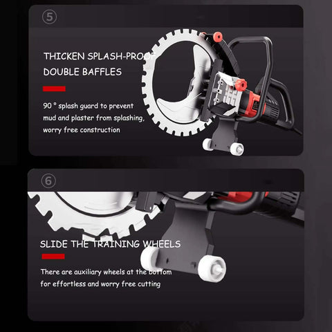 Badass 8900W Brushless Electric Wall Saw With Diamond Blade And Auto Water Cooling For Smooth Concrete Grooving and Rapid Demolition Projects showing splash-proof baffles and training wheels.