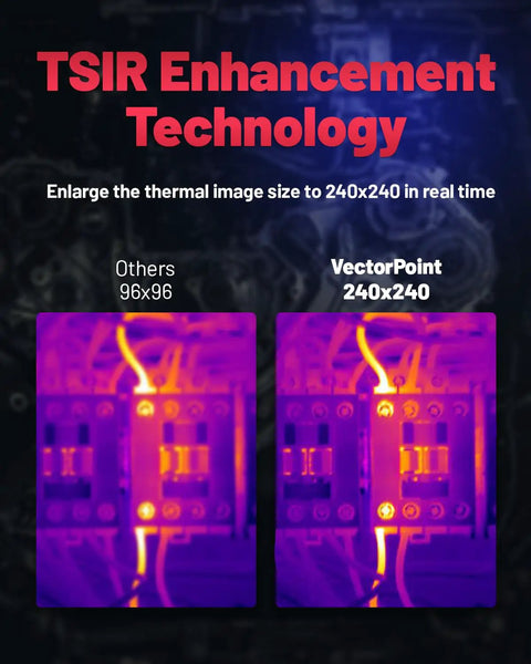 Comparison of infrared images, 96x96 vs 240x240 TSIR, showcasing Pro Grade Handheld Infrared Thermal Camera With 240x240 TSIR Imaging