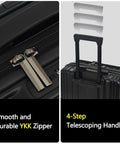 Close-up of YKK zipper and telescoping handle on Lightweight 16 Inch Carry On Luggage With Dual Laptop Compartments For On The Go Business Travel