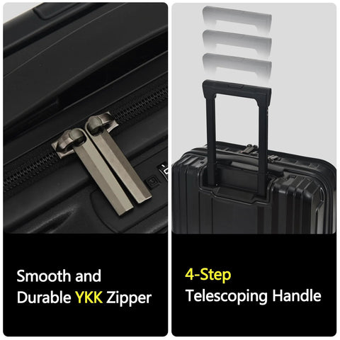 Close-up of YKK zipper and telescoping handle on Lightweight 16 Inch Carry On Luggage With Dual Laptop Compartments For On The Go Business Travel