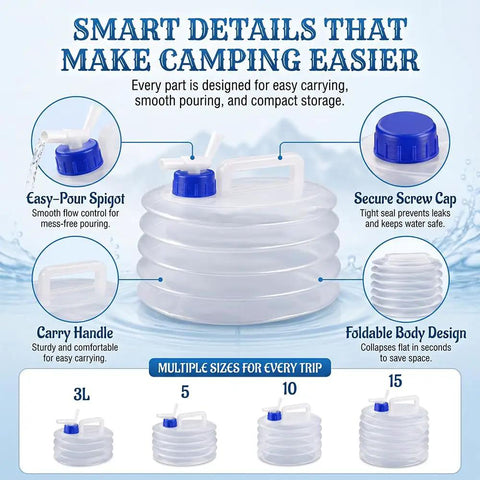 Collapsible Water Container With Spigot For Camping And Outdoors showing smart design features and multiple sizes.