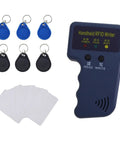 Handheld 125kHz RFID Reader And Writer On The Go ID Card Copier For T5577 EM4305 Supports Duplicating Access Cards Includes 6 Blank Key Fobs And 5 Writable Cards For Parking Permits Battery Not Included. Compact kit with reader, key fobs, and cards.