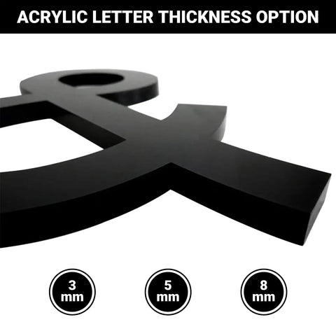 Close-up of acrylic letters showing 3/5/8mm thickness options for Bold Custom Acrylic Sign With Large 3D Laser Cut Logo.