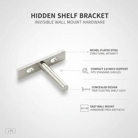 2.8 Inch Nickel Plated Steel Hidden Shelf Bracket with concealed hardware for clean floating wall mounts