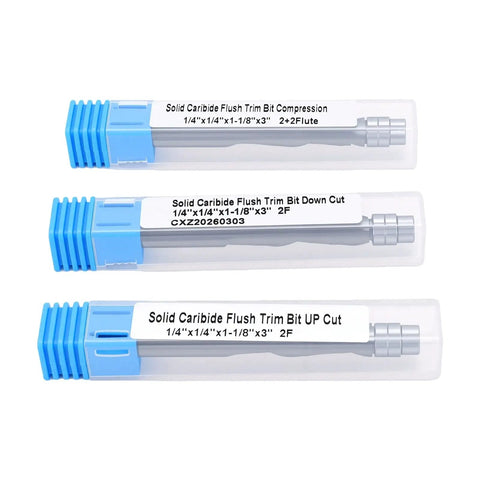 Top Tier 1/4 Inch Flush Trim Router Bit Set With Tungsten Steel Down Spiral Cutting Edge For Professional Woodworking CNC Machines And Exact Finish Cuts On Hardwood Projects Today - three router bits in clear packaging.
