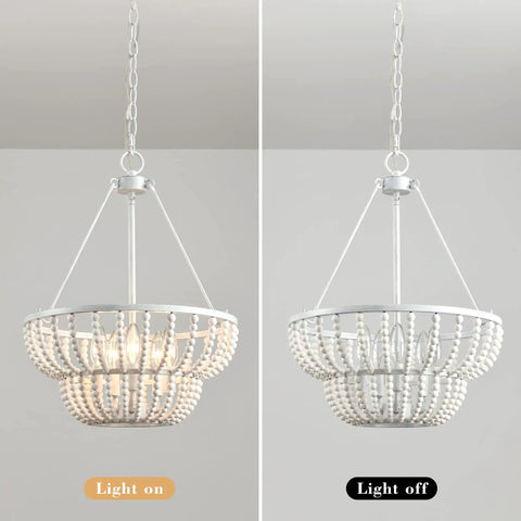 5 Light Beaded Chandelier With Rustic White Wood Beads Farmhouse Boho Ceiling Light Fixture showing light on and off