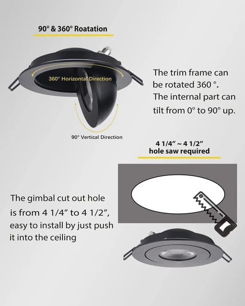 Gimbal LED Recessed Light 4 Inch Black 9W Adjustable Eyeball with 360 Degree Rotation and 90 Degree Tilt installation guide
