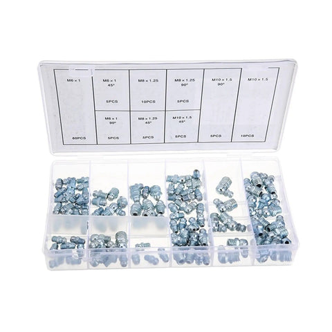 110 Pc Grease Nipple Set M6 M8 M10 Conical Straight Angled Zerk Fittings For Machinery And Vehicles in plastic box