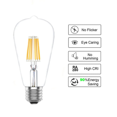 Vintage Edison Filament LED Bulbs For E26 Base 6W 60 Watt Equivalent Soft White 2700K Two Pack No Flicker High CRI
