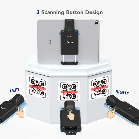 Portable Bluetooth Barcode Scanner With 3000mAh Battery For 1D 2D QR Codes Compatible With iPad Tablet iPhone And Android Phones Wireless UPC Reader For Library Books And Warehouse Inventory Management Workhorse showing 3 scanning buttons with an iPad
