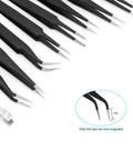 10 Piece ESD Safe Precision Tweezers Set Stainless Steel Anti Static Non Magnetic With Storage Bag For DIY Electronics Repair Jewelry Making And Laboratory Work, black angled tips