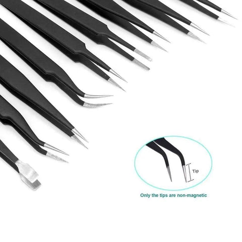 10 Piece ESD Safe Precision Tweezers Set Stainless Steel Anti Static Non Magnetic With Storage Bag For DIY Electronics Repair Jewelry Making And Laboratory Work, black angled tips
