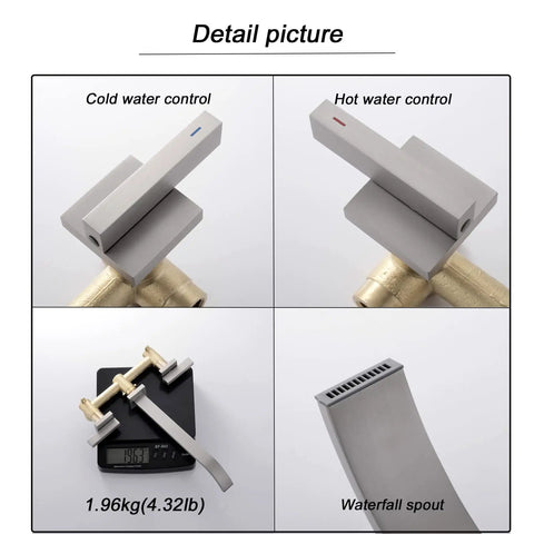 Wall Mount Tub Filler Faucet In Brushed Nickel Finish Brass Two Handle High Flow Bathtub Faucet Set With 10 Inch Spout Reach detailing water controls