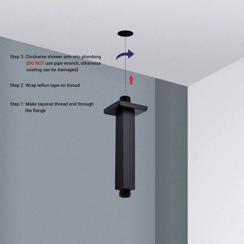 Installation of Stainless Steel Square Shower Arm With Flange Ceiling Mounted Extension Pipe Six Inch Length for Rainfall Shower Head