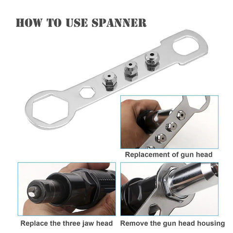 Built Tough Zero Hassle Electric Rivet Nut Gun Adapter Compatible With Standard Power Drills Cordless Riveting Kit with spanner tool for changing heads.