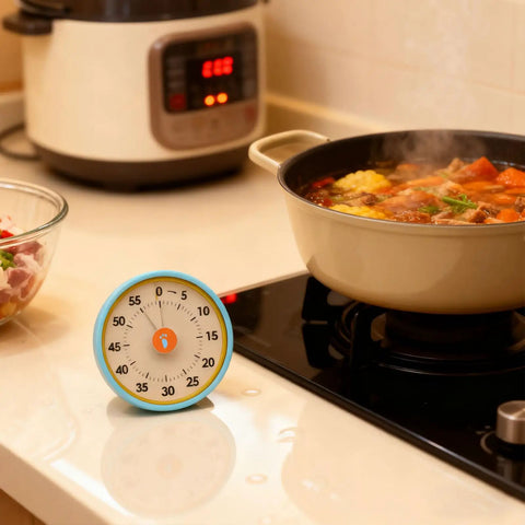 Dual Mode 60 Minute Mechanical Kitchen Timer with Magnetic Back and Built In Stand for Cooking and Baking in kitchen setting