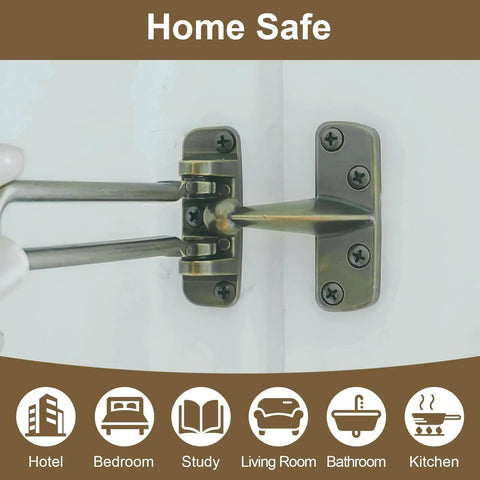 Heavy Duty Swing Bar Lock For Hinged Doors, Door Guard Latch For Child And Pet Safety, Diecast Security Stopper With Brushed Nickel Finish, Durable Steel Construction, Keeps Curious Kids And Pets Safe At Home, shown installed on white door.