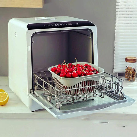Fully Automatic Portable Countertop Dishwasher Crafted From Premium Stainless Steel Packs LED Control Panel with cherries in basket.
