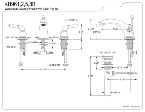 Technical diagram of Polished Brass Widespread Bathroom Faucet With Deck Mount 8 To 16 Inch Spread Solid Brass Build details