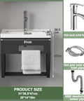 Wall Mounted Bathroom Sink with hot and cold water taps, ceramic finish, small corner vanity cabinet dimensions 51x36.5x47cm.