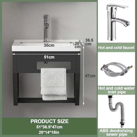 Wall Mounted Bathroom Sink with hot and cold water taps, ceramic finish, small corner vanity cabinet dimensions 51x36.5x47cm.