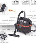 Heavy Duty 4 Gallon Wet Dry Shop Vacuum With 5.5 Peak HP Blower Function Portable with adjustable wind speed and accessory storage.