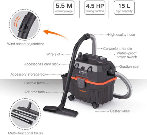 Heavy Duty 4 Gallon Wet Dry Shop Vacuum With 5.5 Peak HP Blower Function Portable with adjustable wind speed and accessory storage.