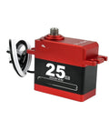 Knockout Torque 25Kg Digital Servo With Beefy Full Metal Gears And Lightning Fast Coreless Motor For Rc Baja Steering Swaps On Major Scale Remote Control Buggies, red casing, detailed label view.