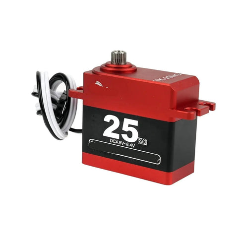 Knockout Torque 25Kg Digital Servo With Beefy Full Metal Gears And Lightning Fast Coreless Motor For Rc Baja Steering Swaps On Major Scale Remote Control Buggies, red casing, detailed label view.