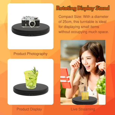 Stunning 25 Cm Motorized Rotating Display Turntable With White Led Lighting, Electric Showcase Platform For Jewelry Toys Collectibles And Products, Smooth Slow Spin Station With Anti Clockwise Direction, showcasing a camera.