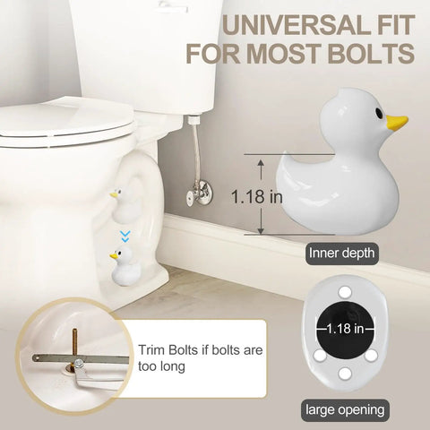 2 Pack Ceramic White Duck Toilet Bolt Covers With 4 Round Cap Washers installed on bathroom toilet floor showcasing bolt fit and size