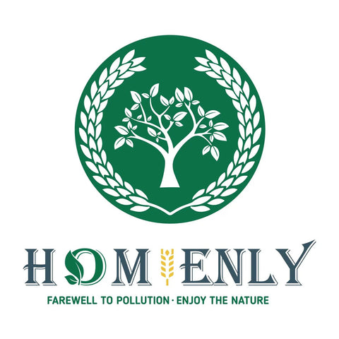 Homely logo with tree and leaf design, slogan 'Farewell to Pollution. Enjoy the Nature'