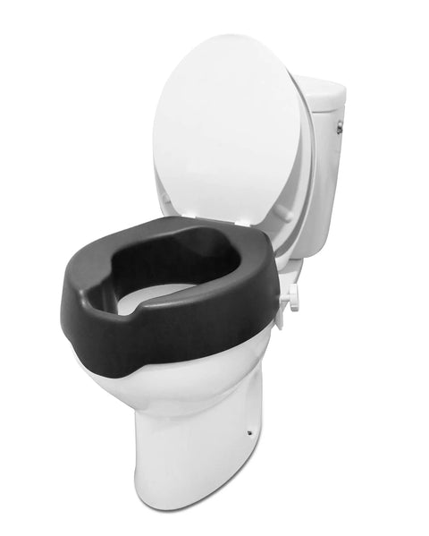 4 Inch Soft Raised Toilet Seat With Lid For Easy Sit Down And Stand Up Handles Included, 300 Lb Capacity, Black Clamp On Riser