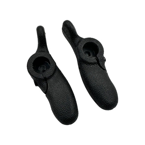 Pair of black ergonomic bar end grips for 22.2mm handlebars with no slip end caps, soft Krayton surface, durable and lightweight.