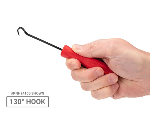 Hand holding a 130-degree hook from the Blunt Pick And Hook Set Five-Piece For Precision Mechanical Work With 0.040 Inch Tips