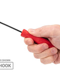 Hand holding 130-degree hook from Blunt Pick And Hook Set Five-Piece For Precision Mechanical Work With 0.040 Inch Tips, Pro Grade Tools Made In USA.
