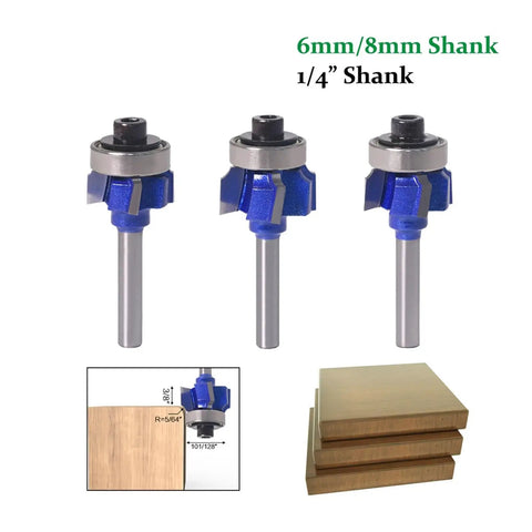 Premium 1 4 Inch Corner Round Router Bit Set With R1 R2 R3 Radius Options For Smooth Wood Edging on display with shank sizes.